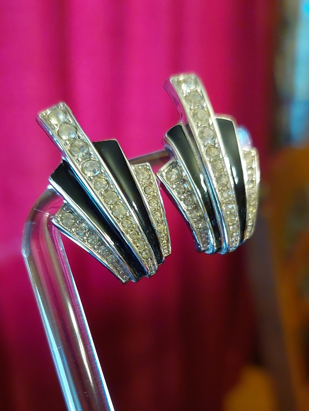GIVENCHY Rhinestone Black Enamel Silvertone  Fan-Style Clip Vintage Earrings